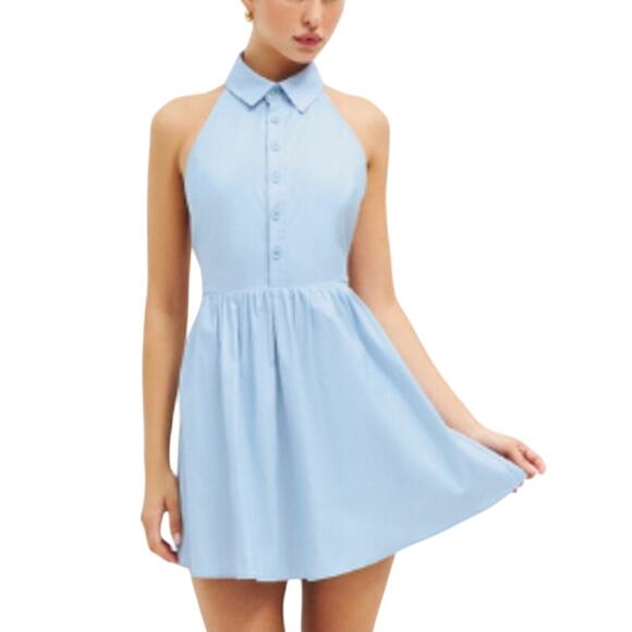 Reformation Dresses & Skirts - Reformation 10 Tabby Mini Dress Collared Blue Horizon Organic Cotton Open Back